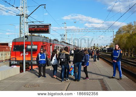 Tver Russia - may 07.2017. People go to the train at the station