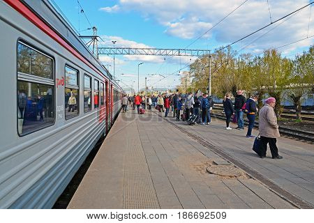 Tver Russia - may 07.2017. People go to the train at the station