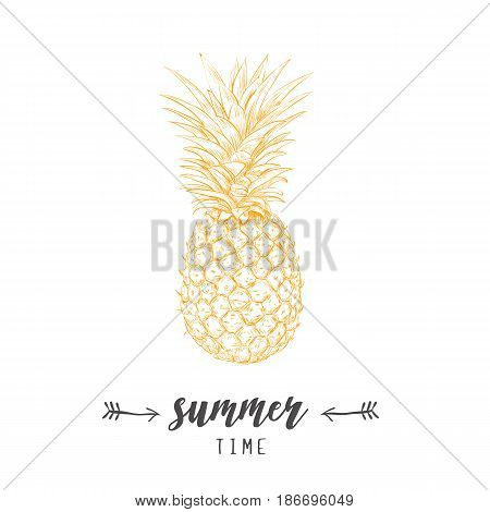 Pineapple yellow  skech. Letitering summer card. Pineapple hand drawing