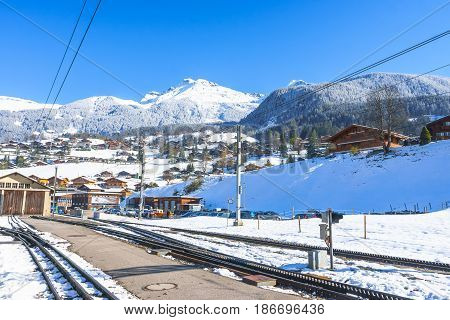 Grindelwald Switzerland - April 29 2017: The Reeti is a mountain of the Bernese Alps viewed from Grindelwald Grund railway station at Grindelwald Switzerland.
