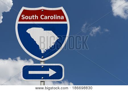 Road trip to South Carolina Red white and blue interstate highway road sign with word South Carolina and map of South Carolina with sky background 3D Illustration
