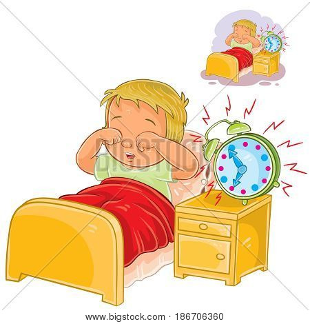 Vector illustration of a little child woke up in the morning from ringing the alarm clock and rubbing his eyes with his hands. Print, template, design element