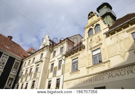 GRAZ, AUSTRIA - MARCH 19, 2017: Gottfried Maurer house on Glockenspielplatz square in Graz the capital of federal state of Styria Austria.