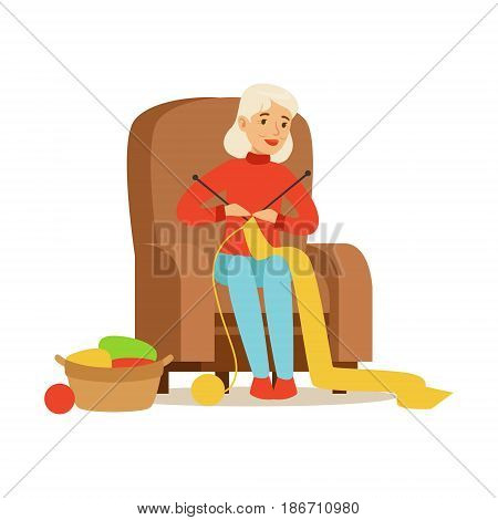 Grandmother knitting scarf sitting in a chair. Colorful character vector Illustration isolated on a white background