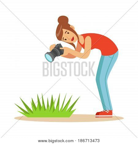 Beatuful woman taking picture of green grass with her camera. Colorful character vector Illustration isolated on a white background