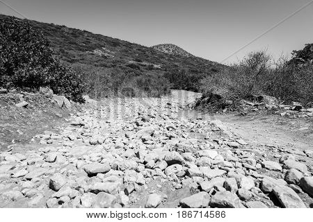 The dirt road strewn with large stones. The peninsula Kalydon. Crete. Greece. Black and white.