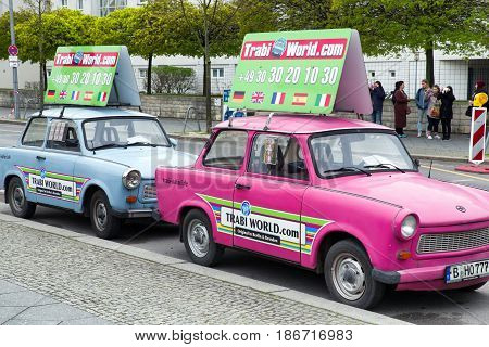 BERLIN GERMANY - APRIL 7: Trabant - iconic car from East Berlin on April 7 2017 in Berlin