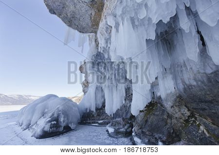 Icicle, Oltrek Island, Lake Baikal. Winter Landscape