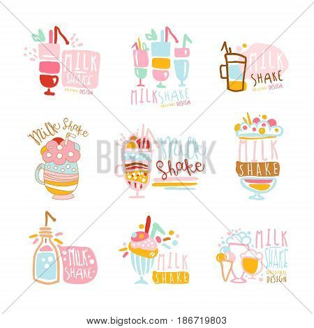 Milk shake labels set. Colorful hand drawn vector collection of milk shake illustrations for ice cream or sweet shop, restaurant, bar, cafe, menu