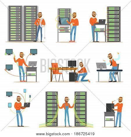 Young man working in network server room. Technician at the data center set of colorful Illustrations isolated on white background