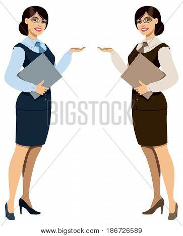 Illustration of woman in business suite in 2 color versions.