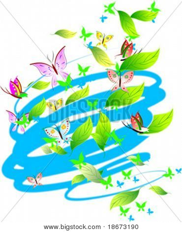 Mariposas, hojas, rollos de colores pastel.