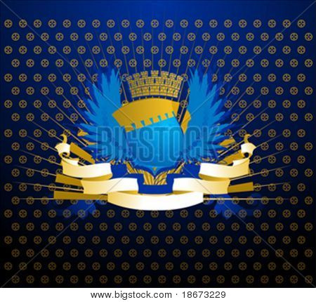 Голубой Золотой щит на богато украшенных темном фоне. Векторные иллюстрации. Не сеток.
