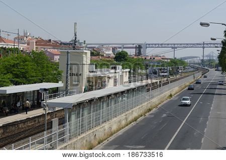 LISBON, PORTUGAL - APRIL 24: View at Belem train station and Avenida da India in the distrct Belem in Lisbon Portugal on April 24, 2017