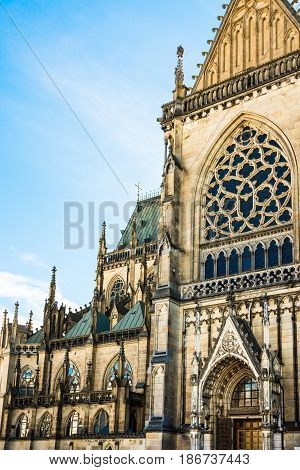 New dome (Mariendom) gothic cathedral in Linz Upper Austria main portal view architectural details tourist attraction famous sightseeing place selective focus