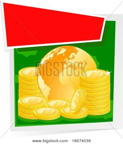 Globální obchod. Zlatý glóbus s mnoha zlatých mincí a okolí.