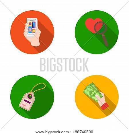 Hand, mobile phone, online store and other equipment. E commerce set collection icons in flat style vector symbol stock illustration .
