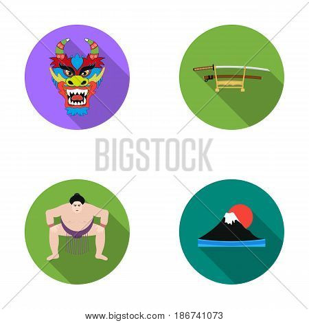 Dragon mask, katano, a man is a sumo player, a fujiama mountain.Japan set collection icons in flat style vector symbol stock illustration .