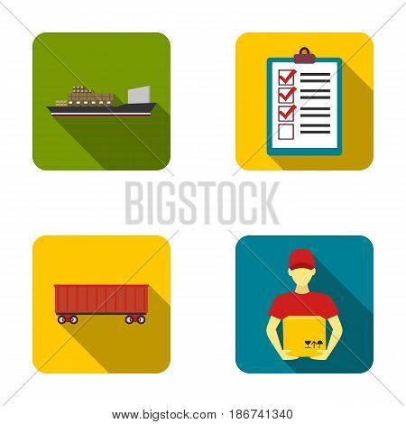 Cargo ship, documents, railway car, courier with box.Logistic set collection icons in flat style vector symbol stock illustration .
