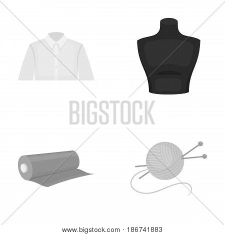 A man's shirt, a mannequin, a roll of fabric, a ball of threads and knitting needles.Atelier set collection icons in monochrome style vector symbol stock illustration .