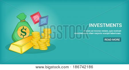 Investments horizontal concept. Cartoon illustration of investments banner horizontal vector for web