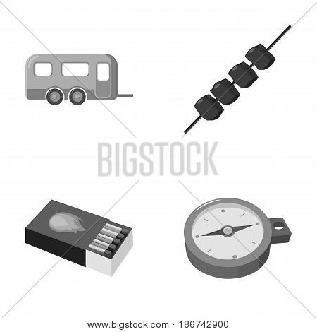 Trailer, shish kebab, matches, compass. Camping set collection icons in monochrome style vector symbol stock illustration .