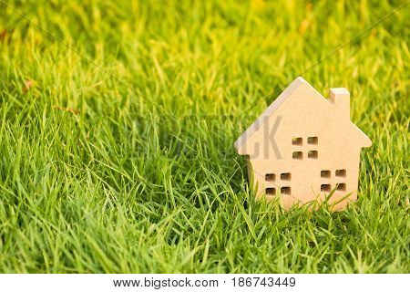Wooden house on green grass / Eco house