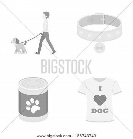 A man walks with a dog, a collar with a medal, food, a T-shirt I love dog.Dog set collection icons in monochrome style vector symbol stock illustration .