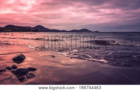 Sunset over Ballingskelligs Bay Beach, Waterville, County Kerry, Ireland