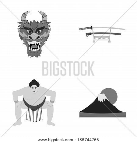 Dragon mask, katano, a man is a sumo player, a fujiama mountain.Japan set collection icons in monochrome style vector symbol stock illustration .