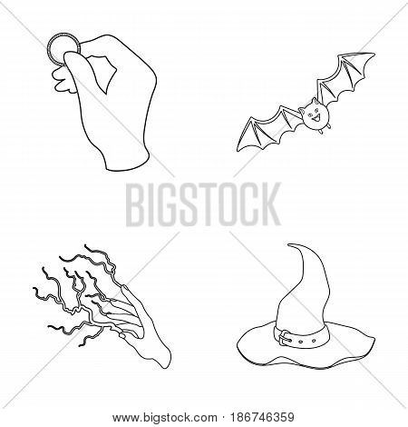 Focus with a coin, a bat, a mage's hat, a lightning-fast spell.Black and white magic set collection icons in outline style vector symbol stock illustration .