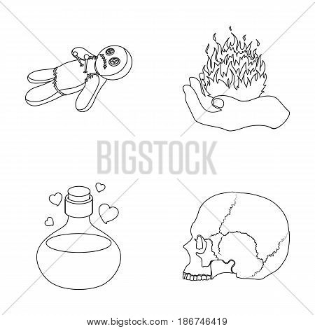 A voodoo doll, a magical fire, a love potion, a skull.Black and white magic set collection icons in outline style vector symbol stock illustration .