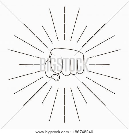 Fist with sunbursts hand silhouette Sport fighter emblem Vector illustration hand