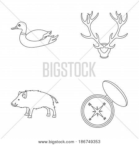 Duck, deer antlers, compass, wild boar.Hunting set collection icons in outline style vector symbol stock illustration .