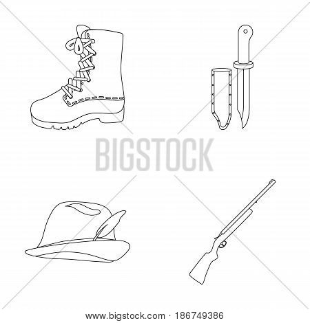 Boots, knife with a cover, gun, hat with a feather.Hunting set collection icons in outline style vector symbol stock illustration .