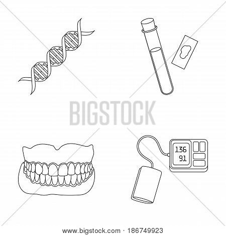 DNA code, blood test in vitro, denture, tonometer. Medicine set collection icons in outline style vector symbol stock illustration .