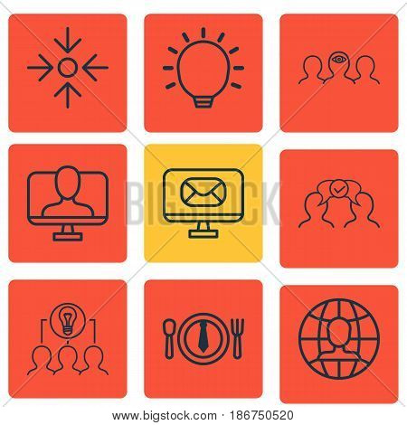 Set Of 9 Business Management Icons. Includes Dinner, Online Identity, Great Glimpse And Other Symbols. Beautiful Design Elements.