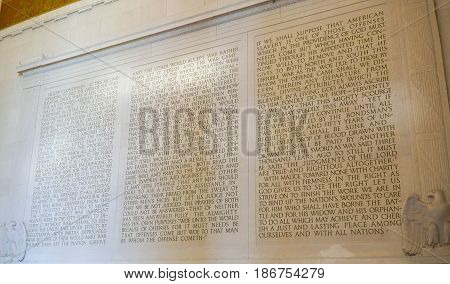 Lincoln Memorial - Speech of Abraham Lincoln carved in stone - WASHINGTON DC - COLUMBIA