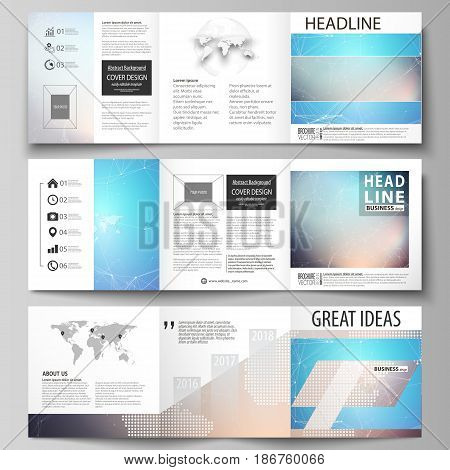 The minimalistic vector illustration of the editable layout. Three creative covers design templates for square brochure or flyer. Molecule structure. Science, technology concept. Polygonal design