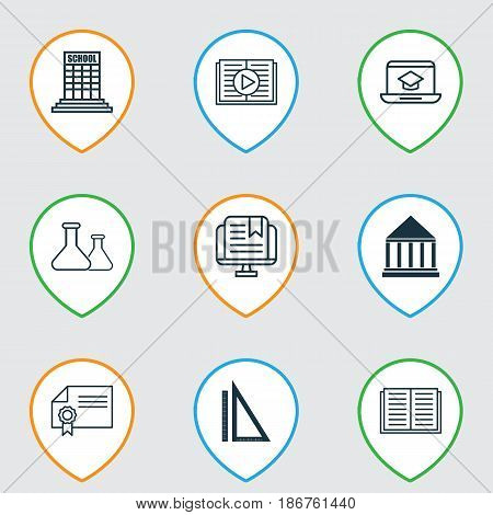 Set Of 9 Education Icons. Includes Taped Book, Diploma, Education Center And Other Symbols. Beautiful Design Elements.
