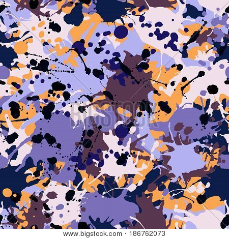 Purple lilac orange brown artistic ink paint splashes seamless pattern vector