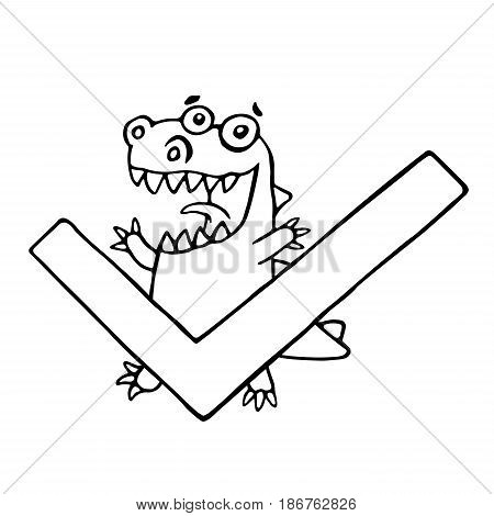 Cartoon dragon and big green tick. Vector illustration. Funny cute imaginary character.