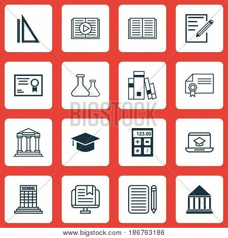 Set Of 16 Education Icons. Includes Library, Education Center, Certificate And Other Symbols. Beautiful Design Elements.