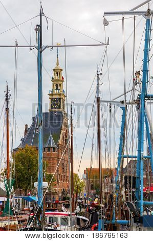 Harbour Of Hoorn, Netherlands, With Sailboats And The Hoofdtoren