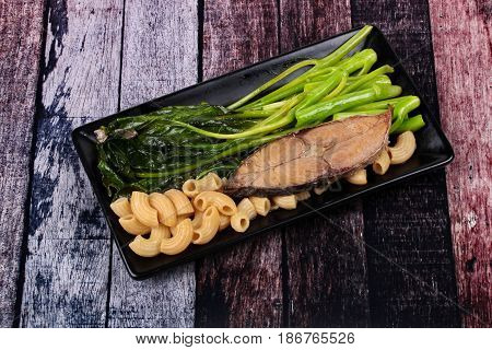 Fried Chinese Kale And Macaroni With Deep-fried Dried Salted Sea Fish.