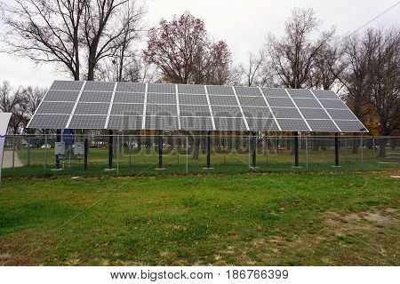 Solar panels provide electricity for  New Buffalo Welcome Center 707 in New Buffalo, Michigan.