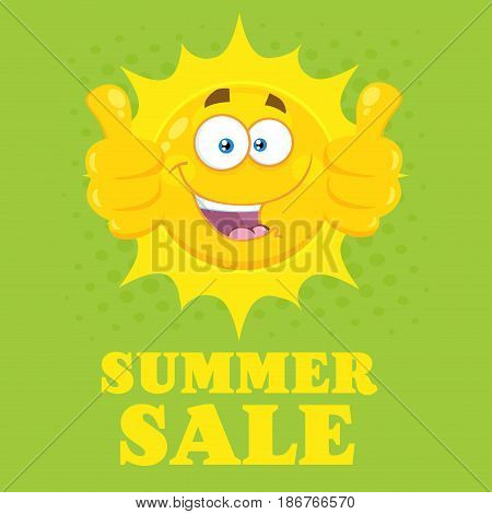Happy Yellow Sun Cartoon Emoji Face Character Giving Two Thumbs Up. Illustration With Green Halftone Background And Text Summer Sale