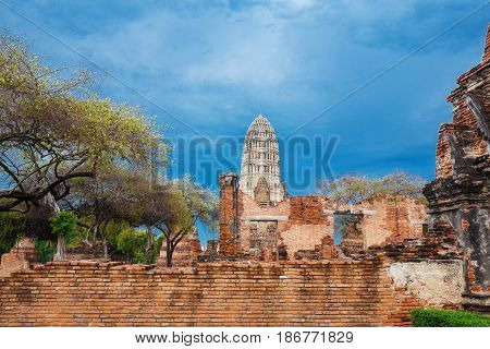 Ruins Of Buddha Statues And Pagoda Of Wat Ratcha Burana In Ayutthaya Historical Park, Thailand