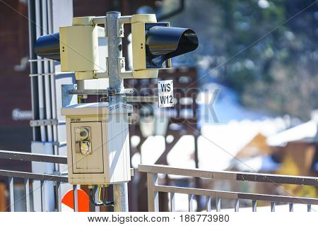 Jungfraujoch Switzerland - April 29 2017: Train signal Lights at Wengen Train Station at Lauterbrunnen Switzerland.