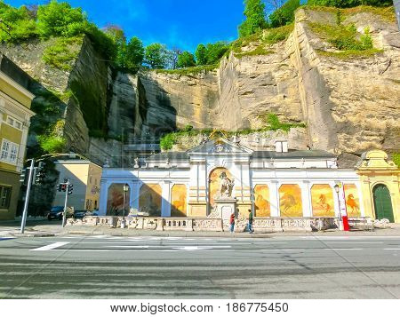 Salzburg, Austria - May 01, 2017: The Horsepond at the Herbert von Karajan Platz in Salzburg, Austria on May 01, 2017